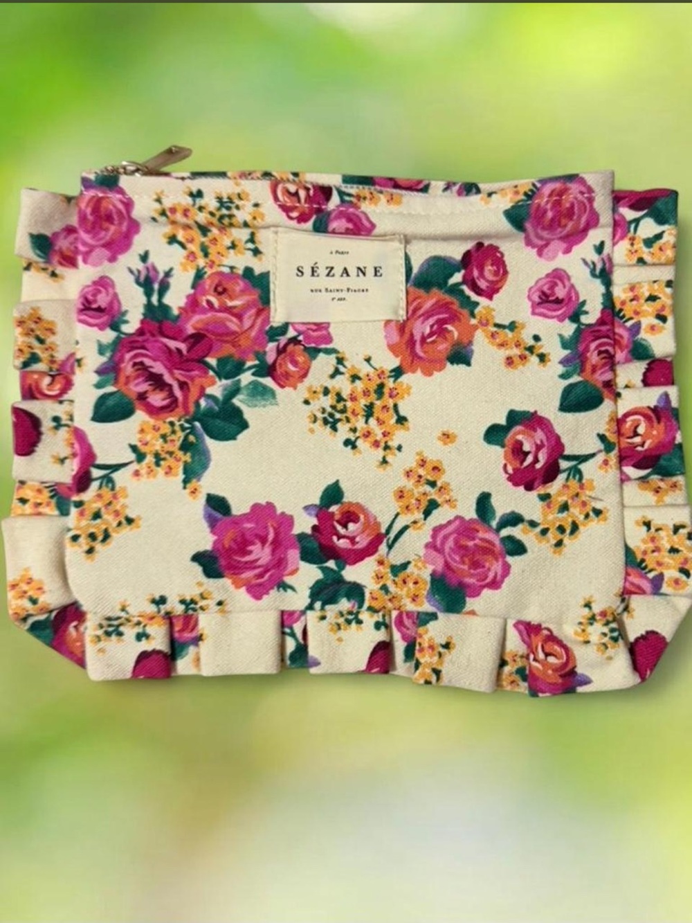 Sézane Floral Canvas Cosmetic Pouch in Cream, Pink and Green